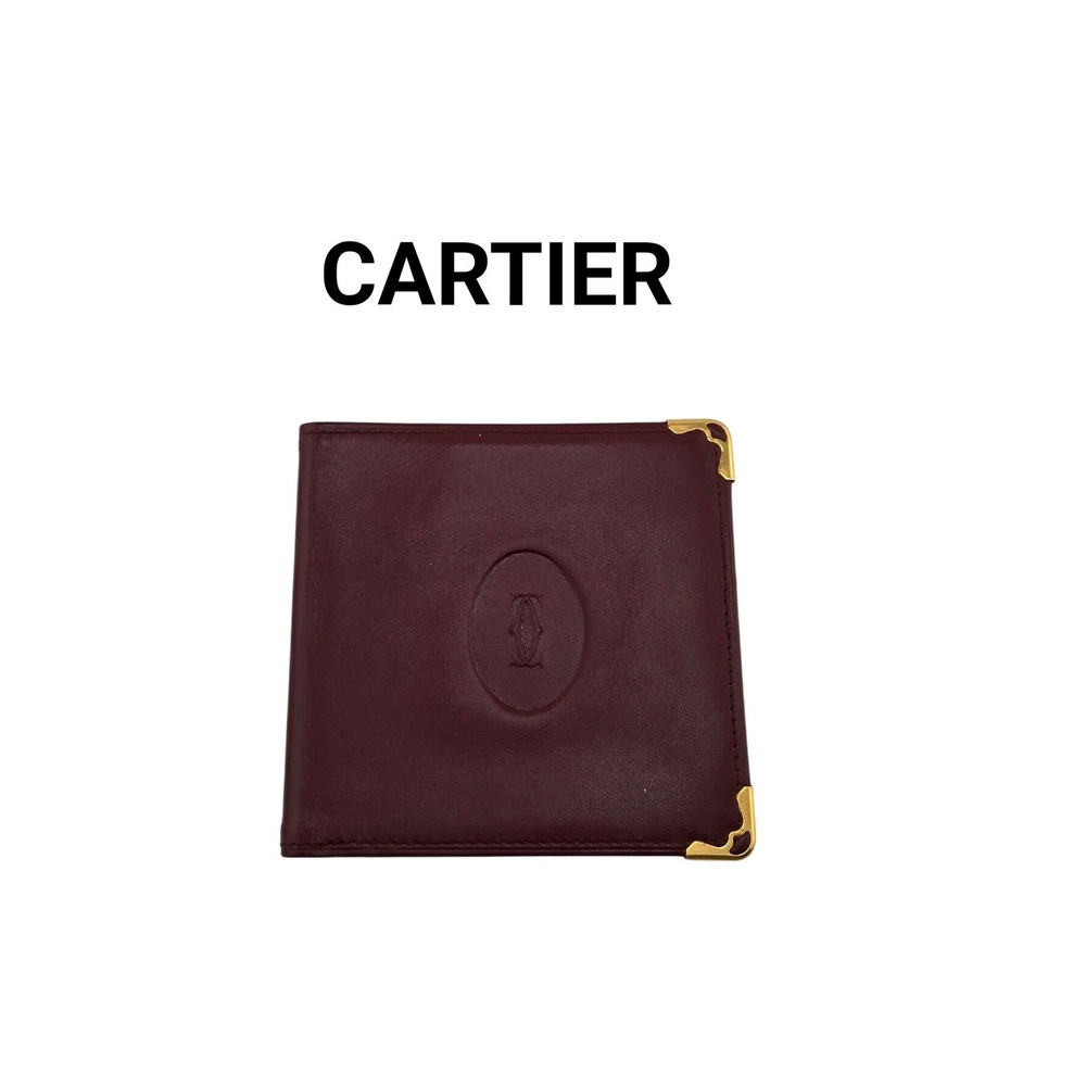 Cartier Must de Cartier Bifold Wallet Burgundy Leather Gold Corners Logo ID Slot